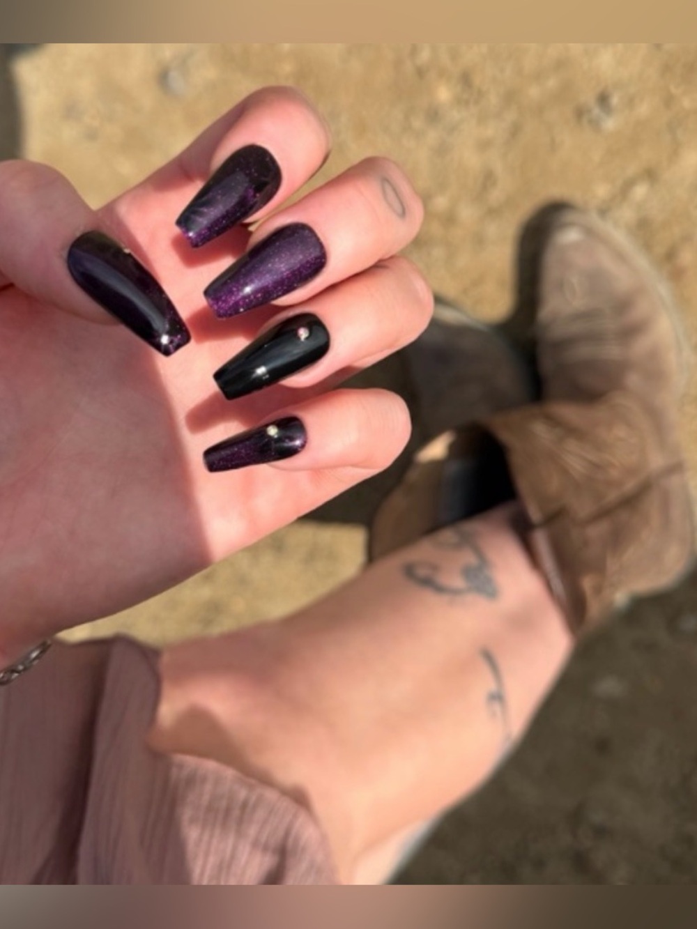Midnight bloom gel press on nails magnetic cat eye color change with rhinestone